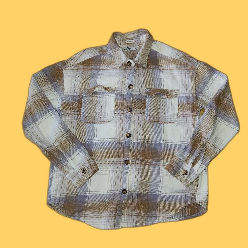 Hollister Shacket Womens S Plaid Flannel Button Up Shirt Boyfriend Fit Pockets